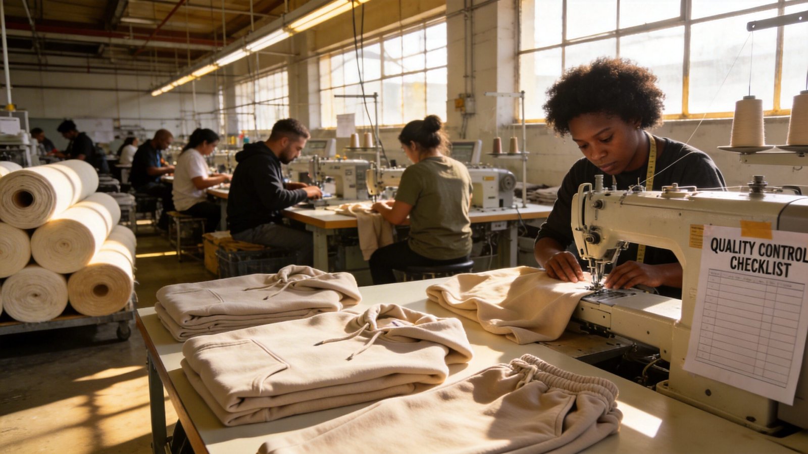 High quality casual wear manufacturer factory floor with sewers working on premium casual apparel