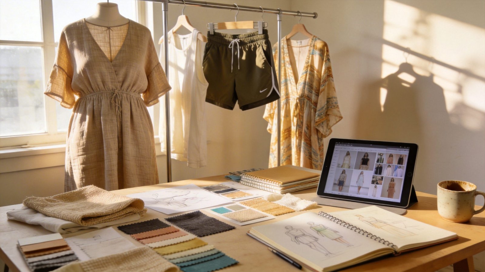 Design studio worktable with summer clothing samples, fabric swatches, and trend research for developing summer clothing collections
