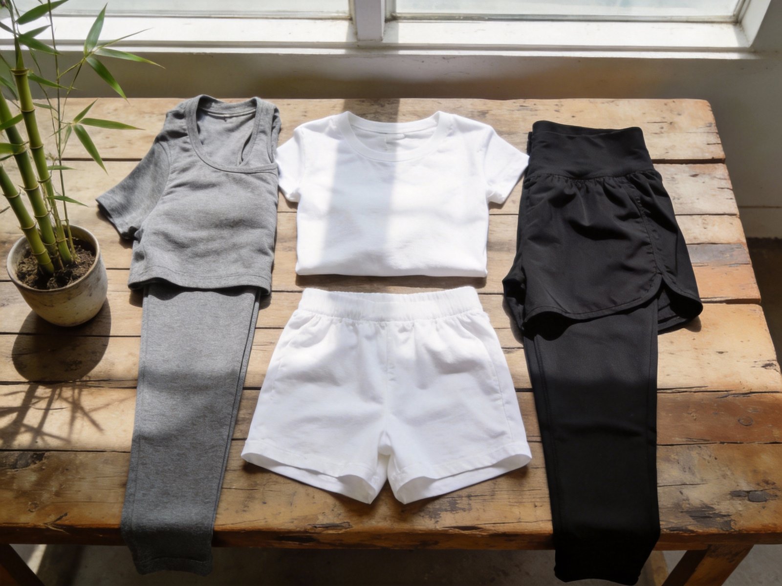 Bamboo, cotton, and polyester activewear sets laid side by side for fitness fabric comparison