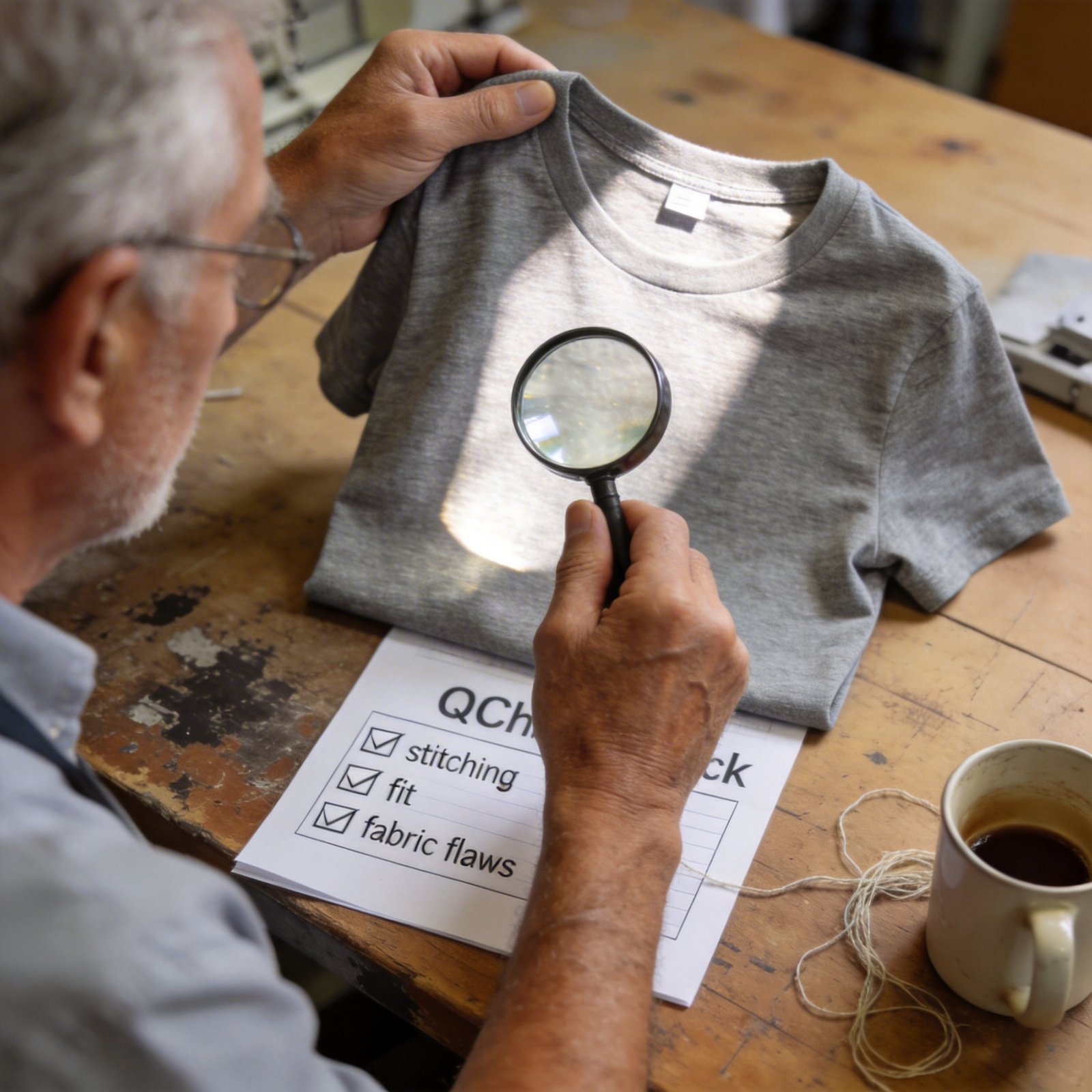 Quality control inspector checking premium casual tee at high quality casual wear manufacturer