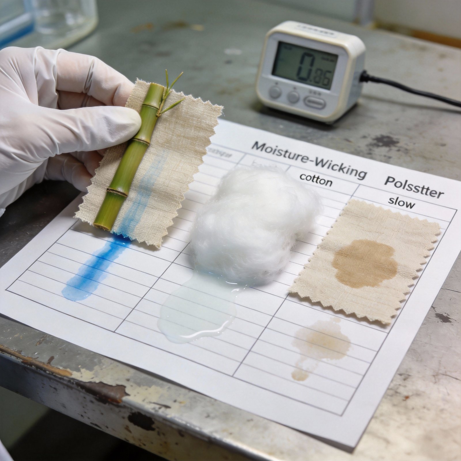 Bamboo, cotton, and polyester fabric swatches in moisture-wicking performance test