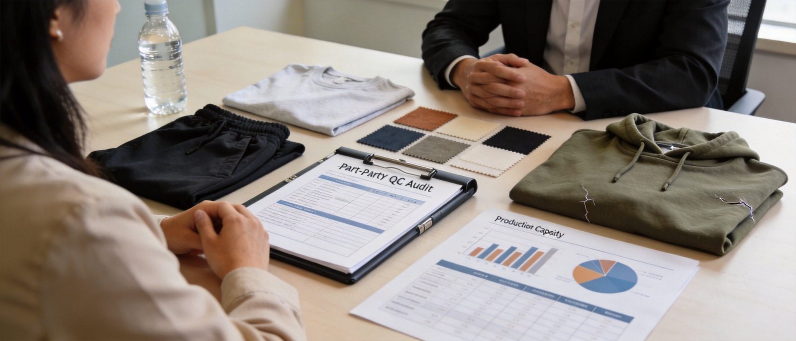 Brand representative meeting with high quality casual wear manufacturer partner to review apparel samples