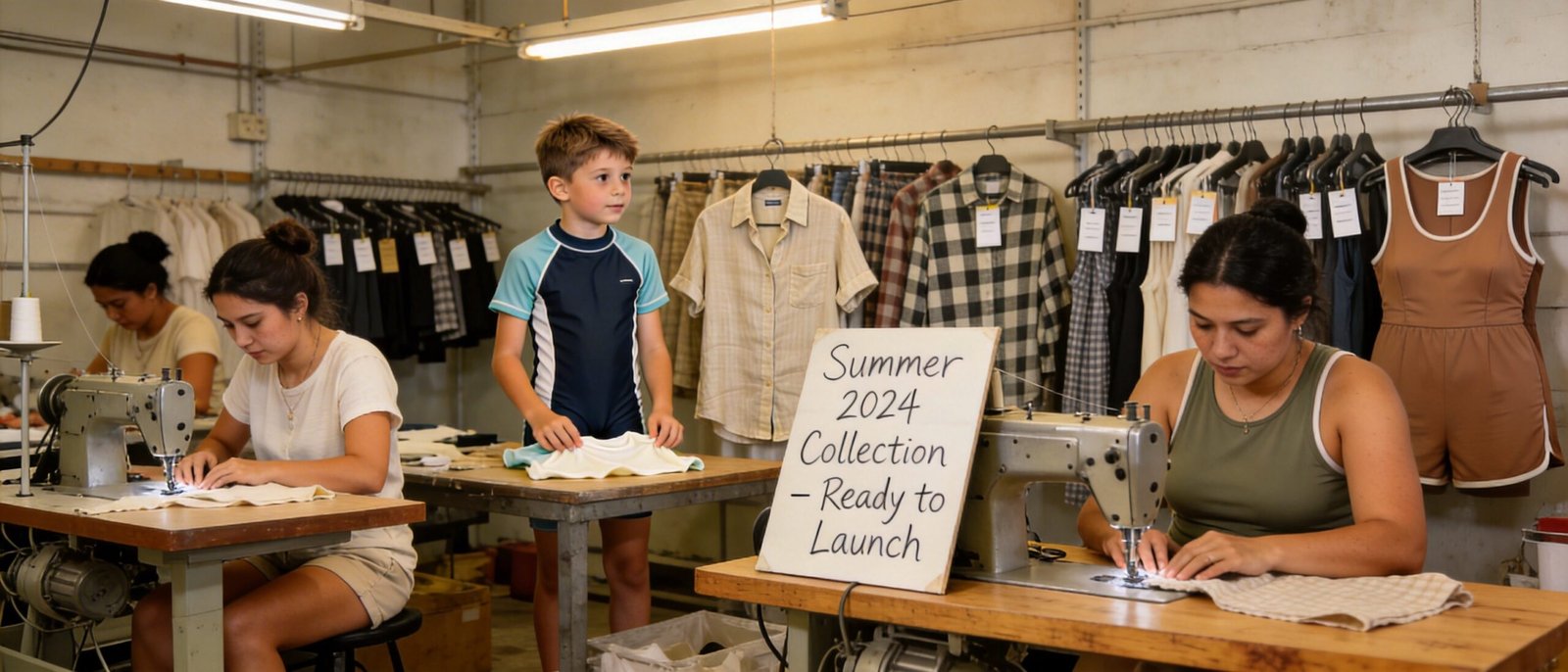 Ethical factory floor with finished summer clothing pieces ready for launch, part of a developed summer clothing collection