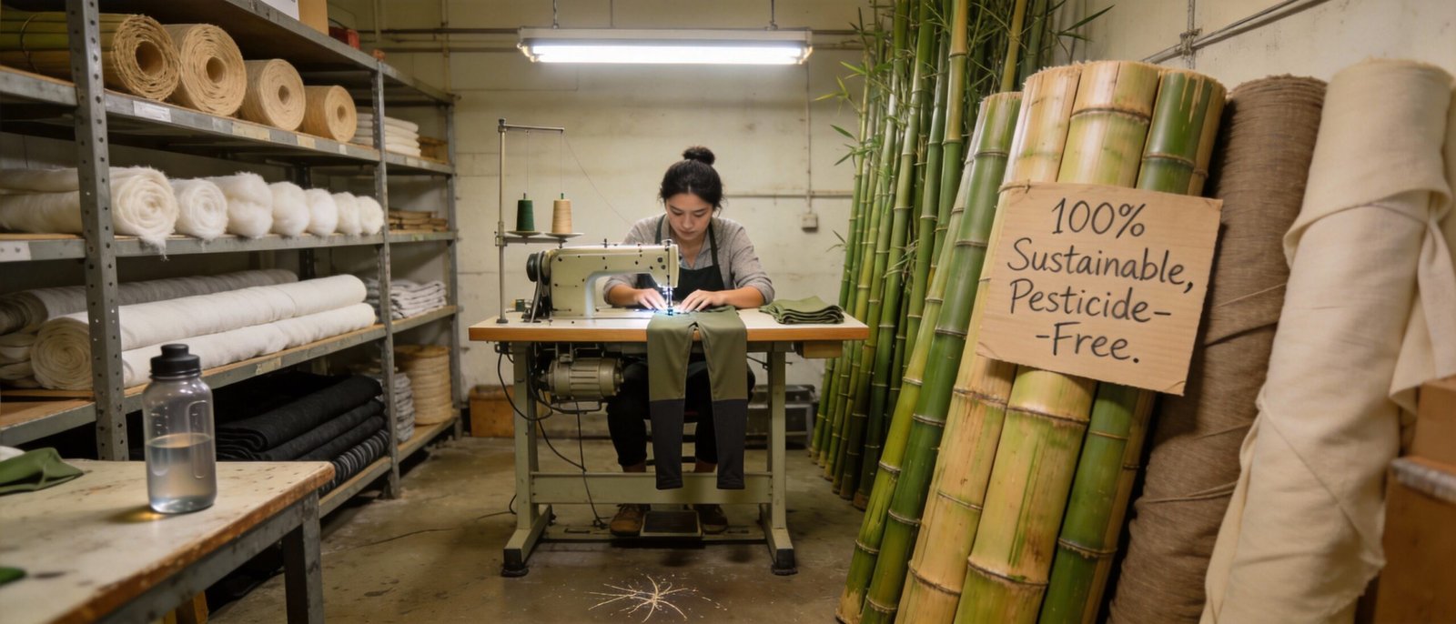 Eco-friendly factory producing sustainable bamboo activewear alongside cotton and polyester fabrics