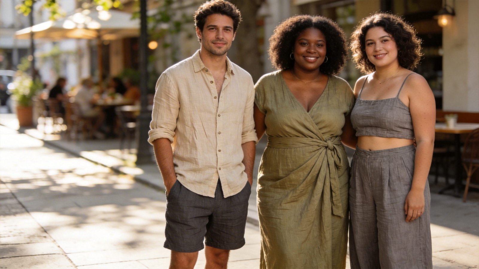 Diverse group wearing sustainable linen clothing summer collections on sunlit urban sidewalk