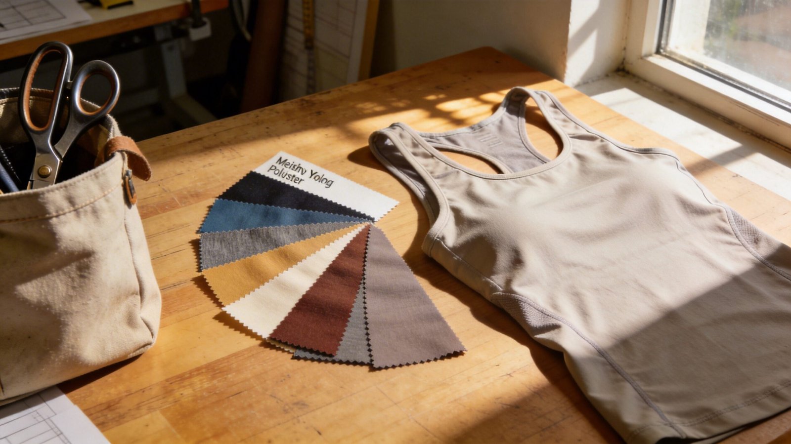 Activewear fabric swatches including moisture-wicking, quick-dry, and yoga-specific options on a design studio table