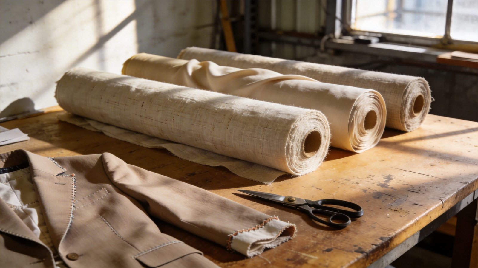 Three linen fabric bolts: pure linen, linen cotton blend, linen tencel blend on a studio worktable