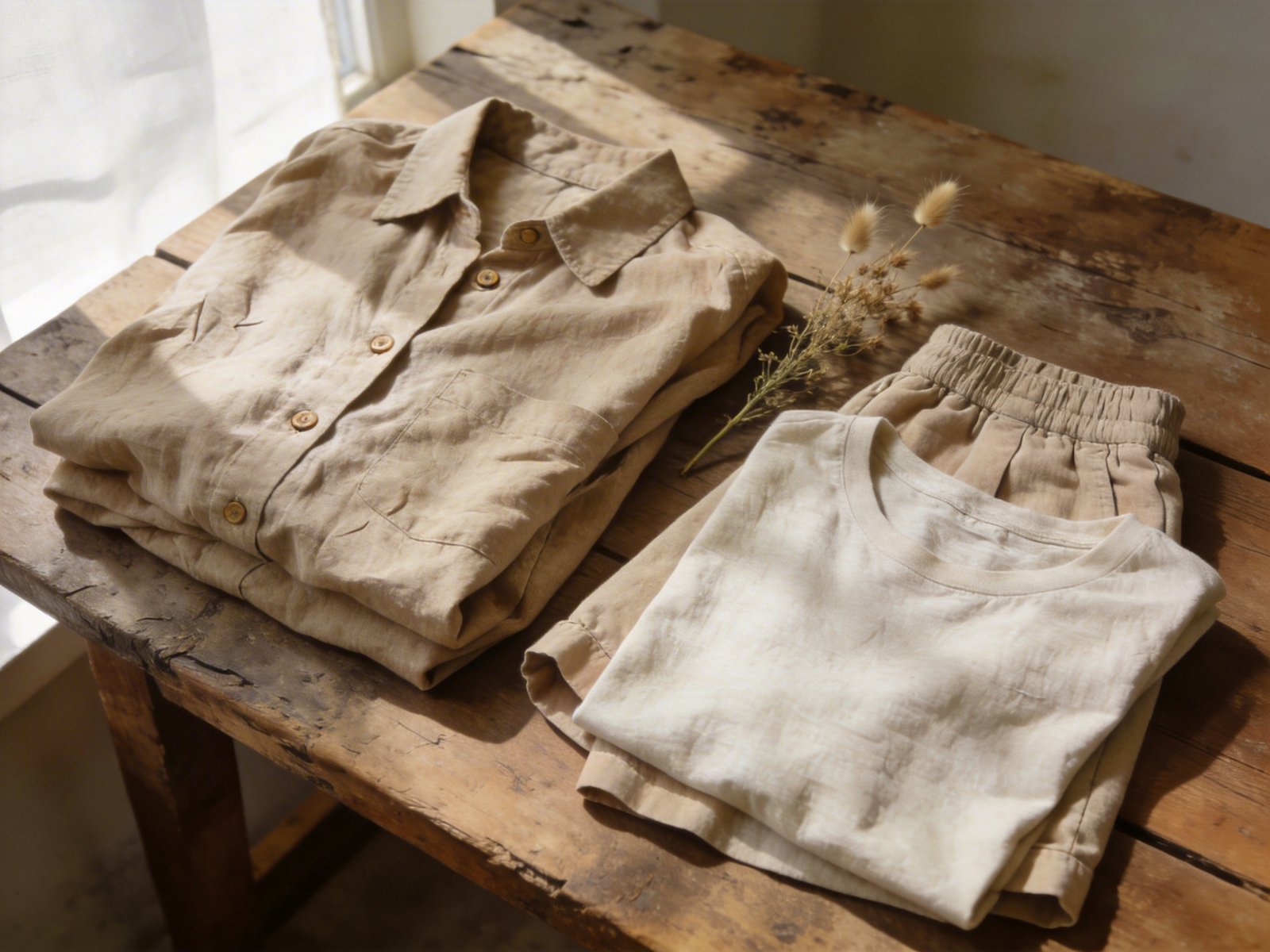 Oversized linen button-down, high-waisted linen shorts, and slub linen tee styled as sustainable casual wear on reclaimed wood table with dried flax sprig