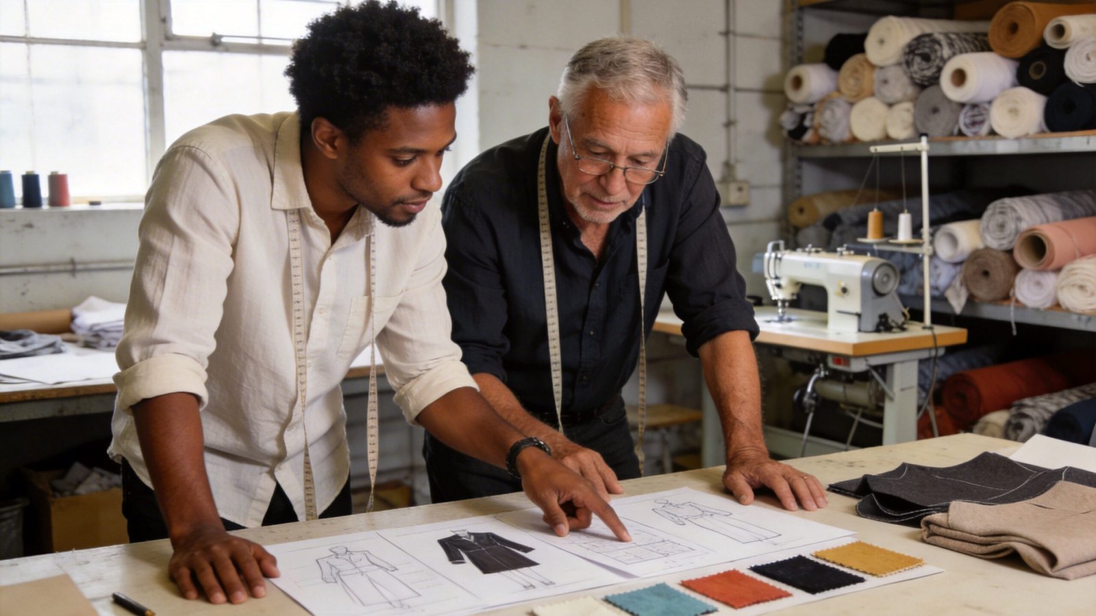 Small brand founder collaborating with full service clothing manufacturing production manager on garment designs