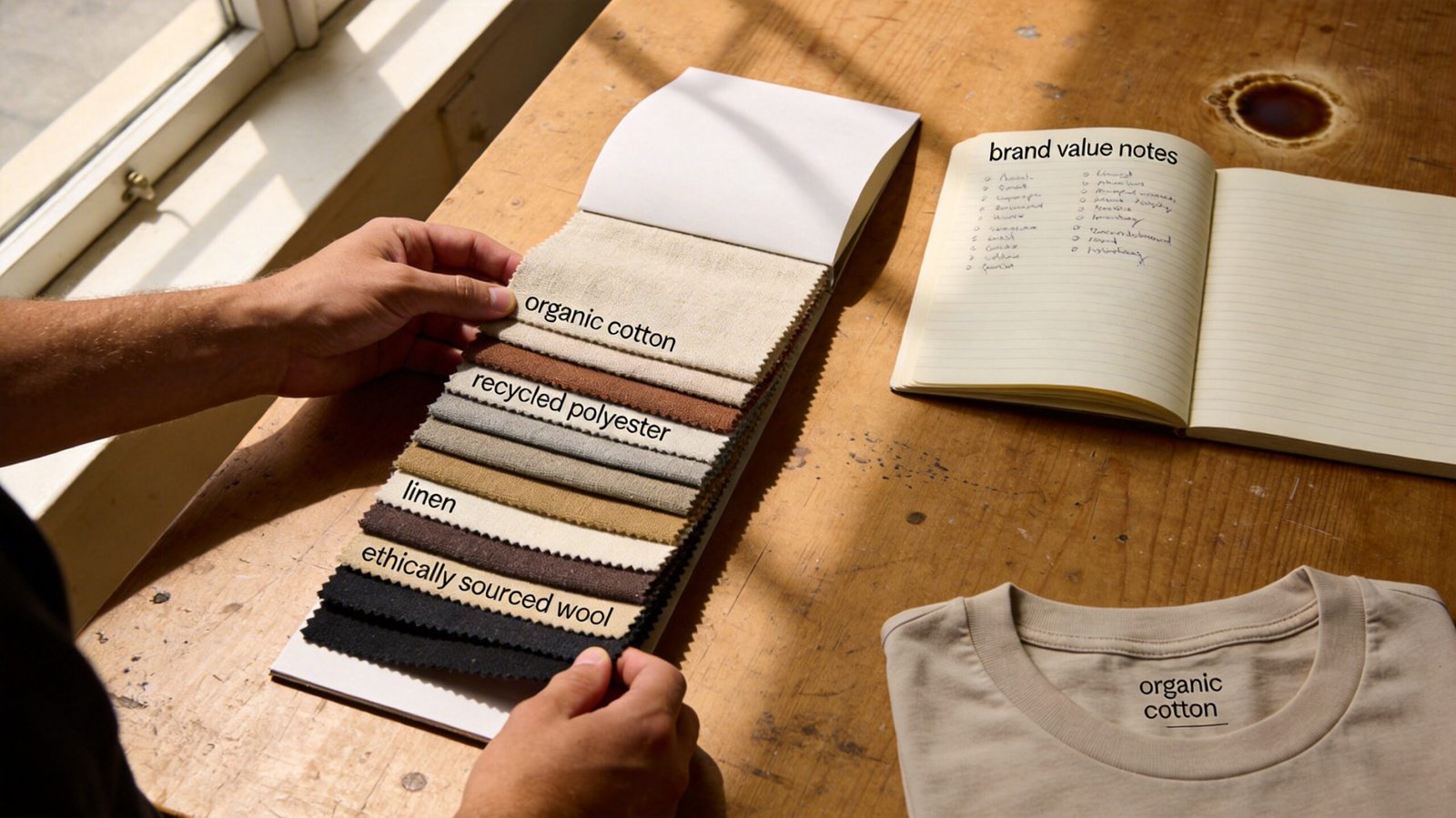 Brand owner sorting sustainable and premium fabric swatches for clothing line, sourcing right fabrics for brands