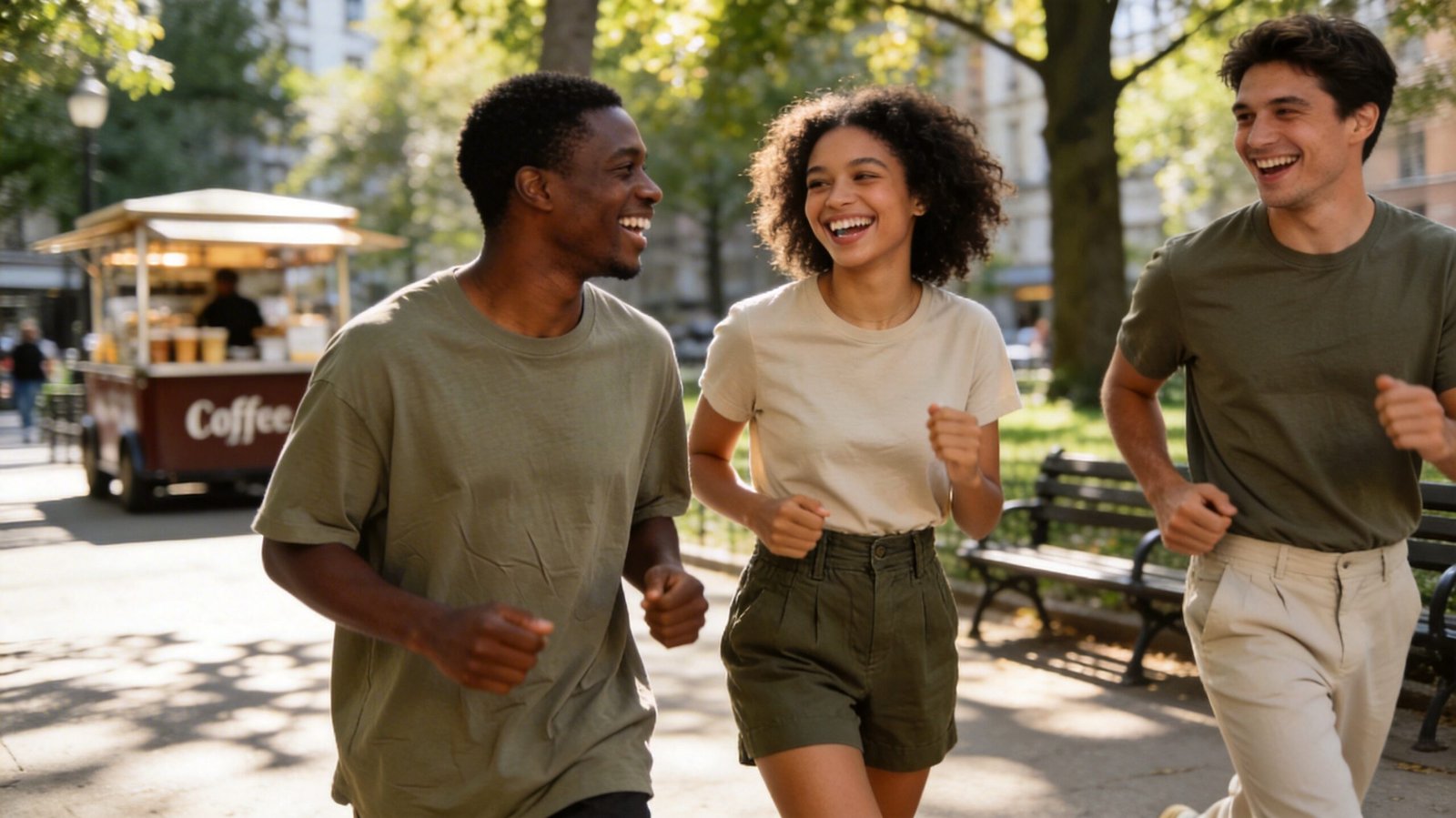 Group of people wearing breathable Lyocell casual clothing walking in a sunny urban park