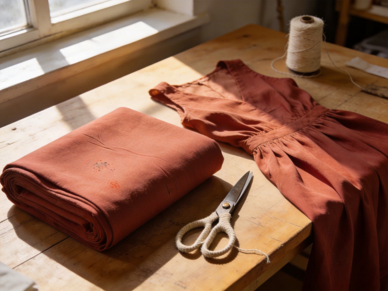 Soft drapey lyocell fabric bolt on a textile studio worktable with half-finished dress, sustainable eco-friendly textile