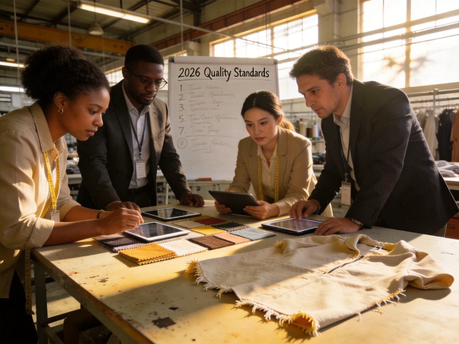 2026 clothing factory quality service team reviewing standards in modern garment manufacturing facility