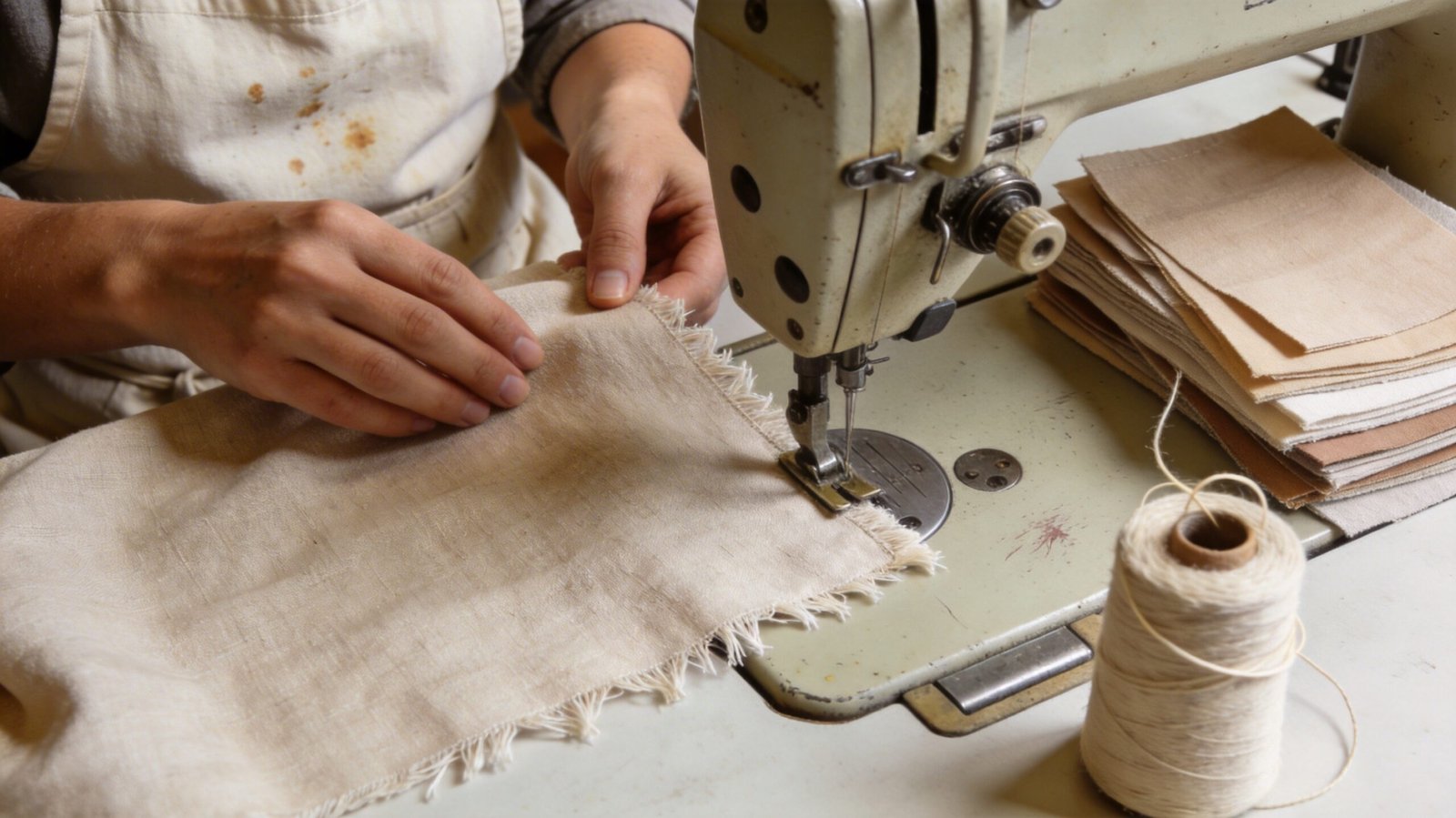 Seamstress sewing men's linen shirt in ethical workshop for linen clothing summer collections