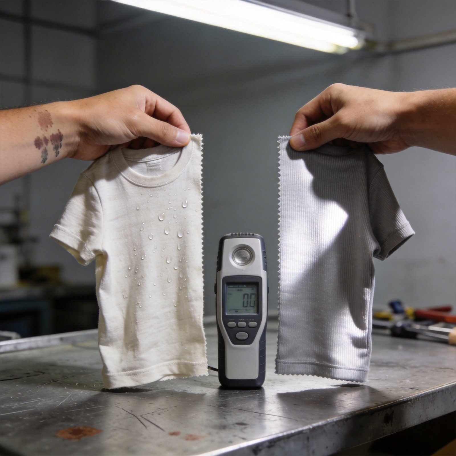 Comparison of damp cotton vs dry moisture-wicking activewear fabric swatches with moisture meter