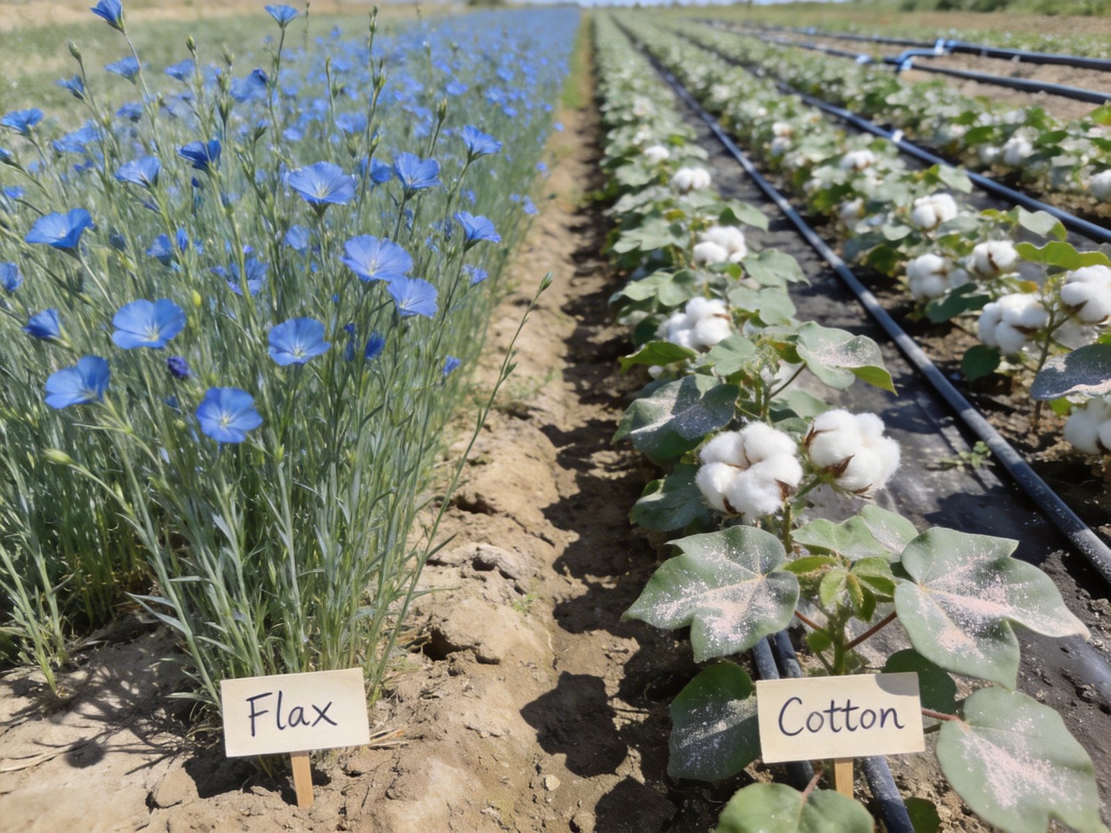 Side-by-side comparison of low-water flax crop for linen and water-intensive cotton crop for sustainable casual wear fabrics