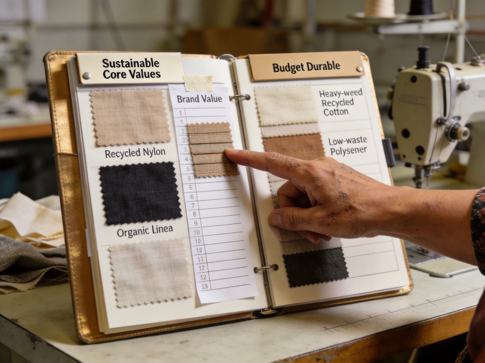 Fabric swatch binder organizing materials aligned with brand core values and target products, sourcing right fabrics for brands