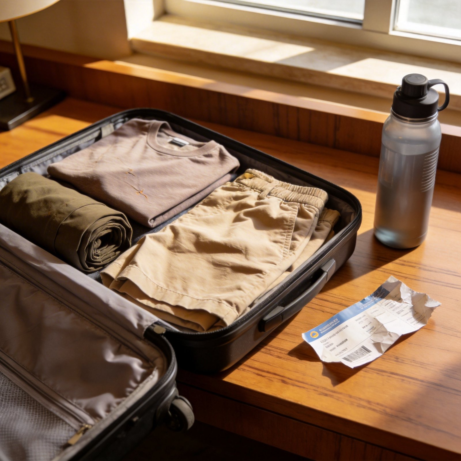 Wrinkle-resistant Lyocell casual wear packed in a travel suitcase on a hotel desk