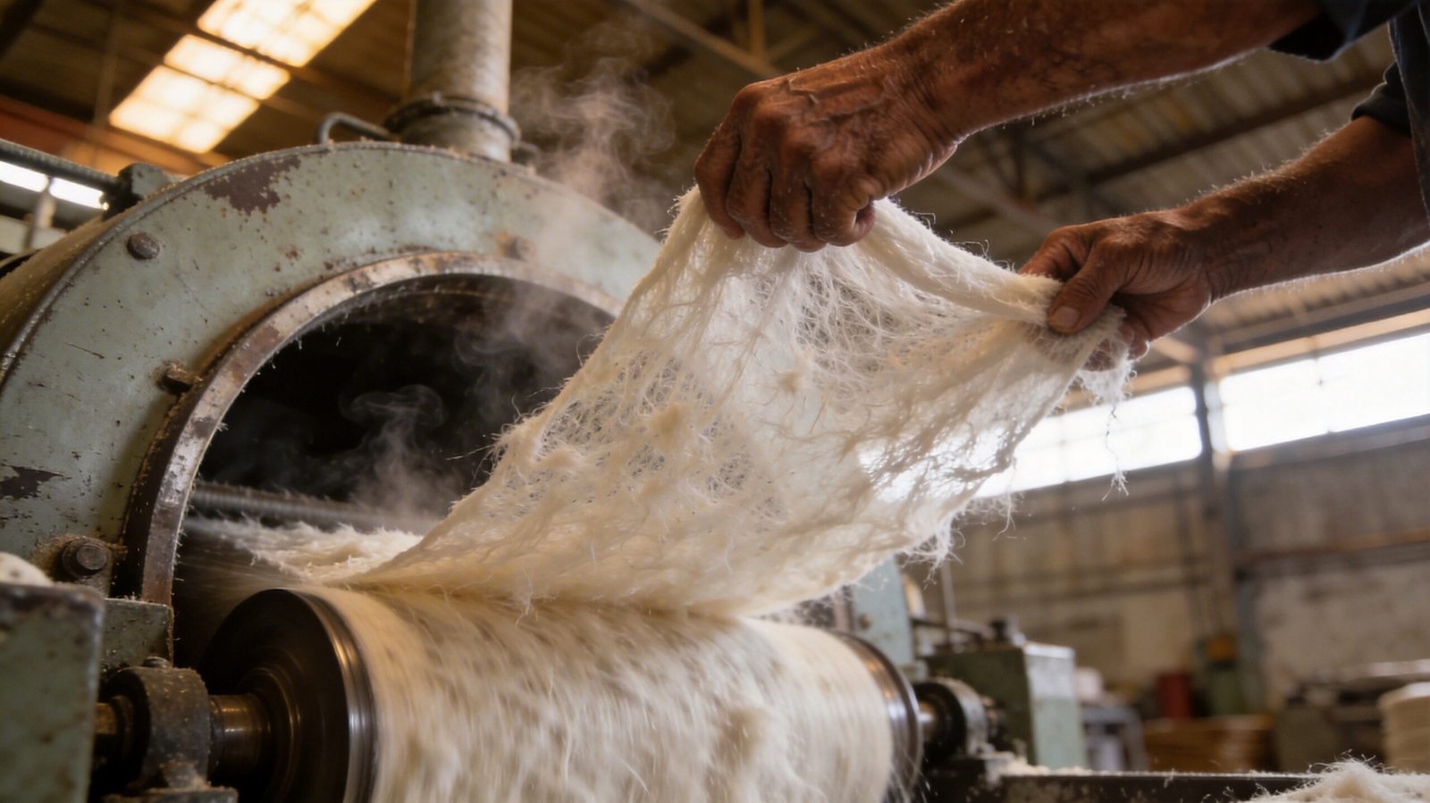 Factory worker processing lyocell fiber pulp in a solvent spinning machine, lyocell fabric manufacturing process