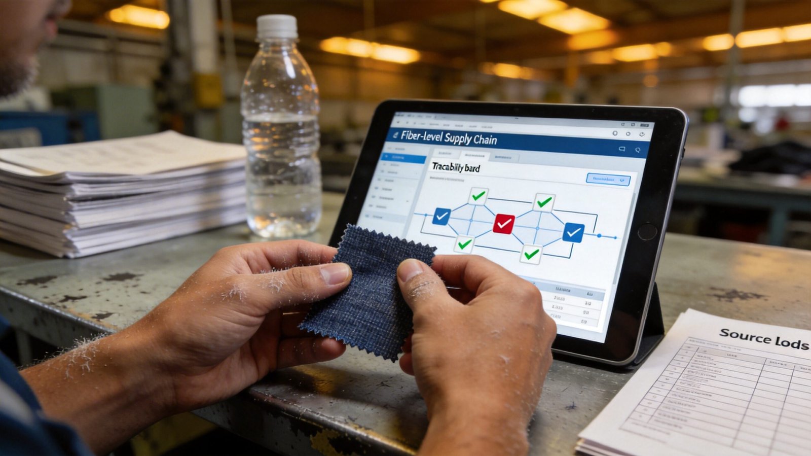 Garment factory technician using digital traceability tool for 2026 clothing quality service compliance