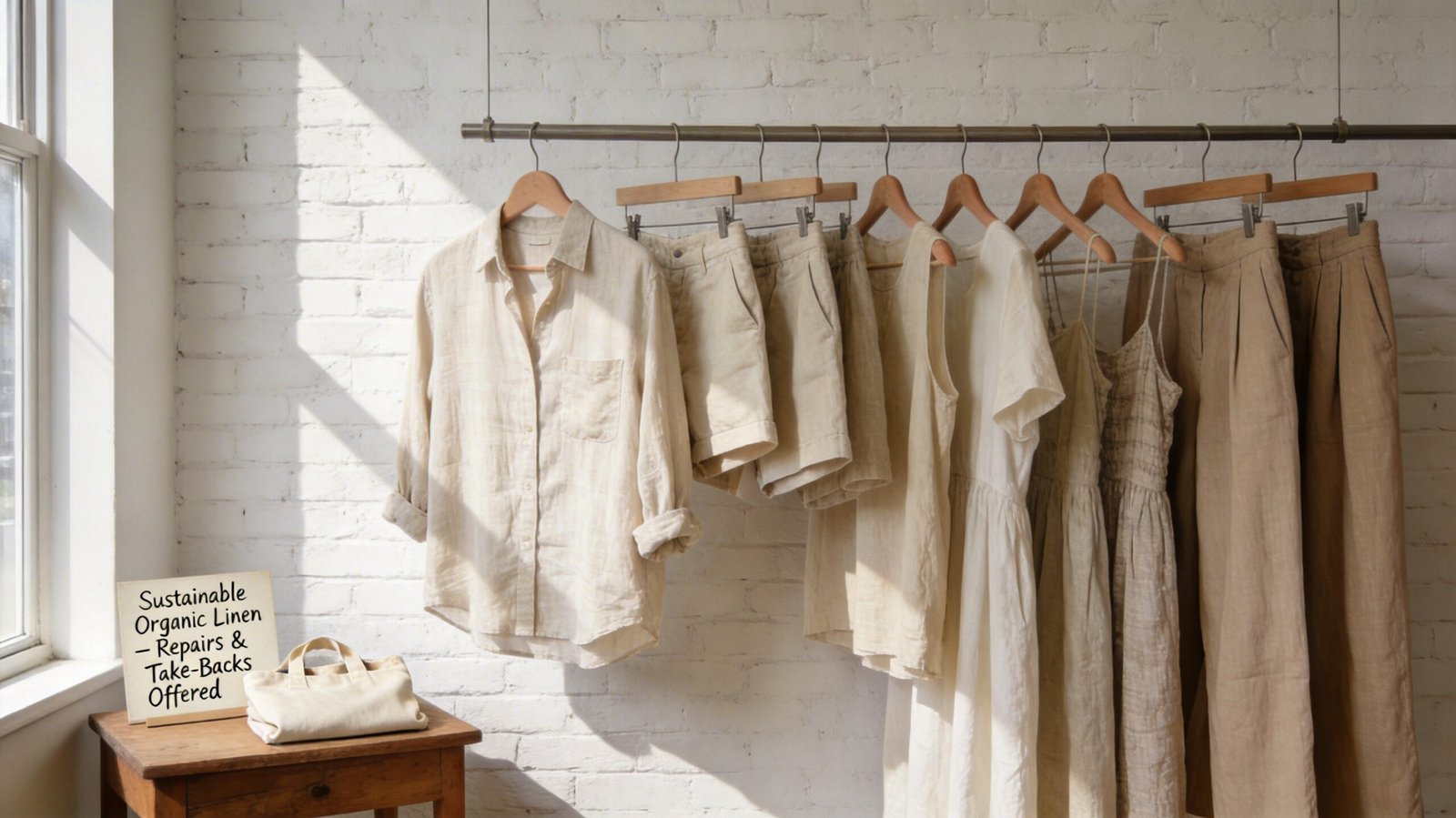 Boutique display of inclusive, sustainable linen clothing summer collections with take-back program sign