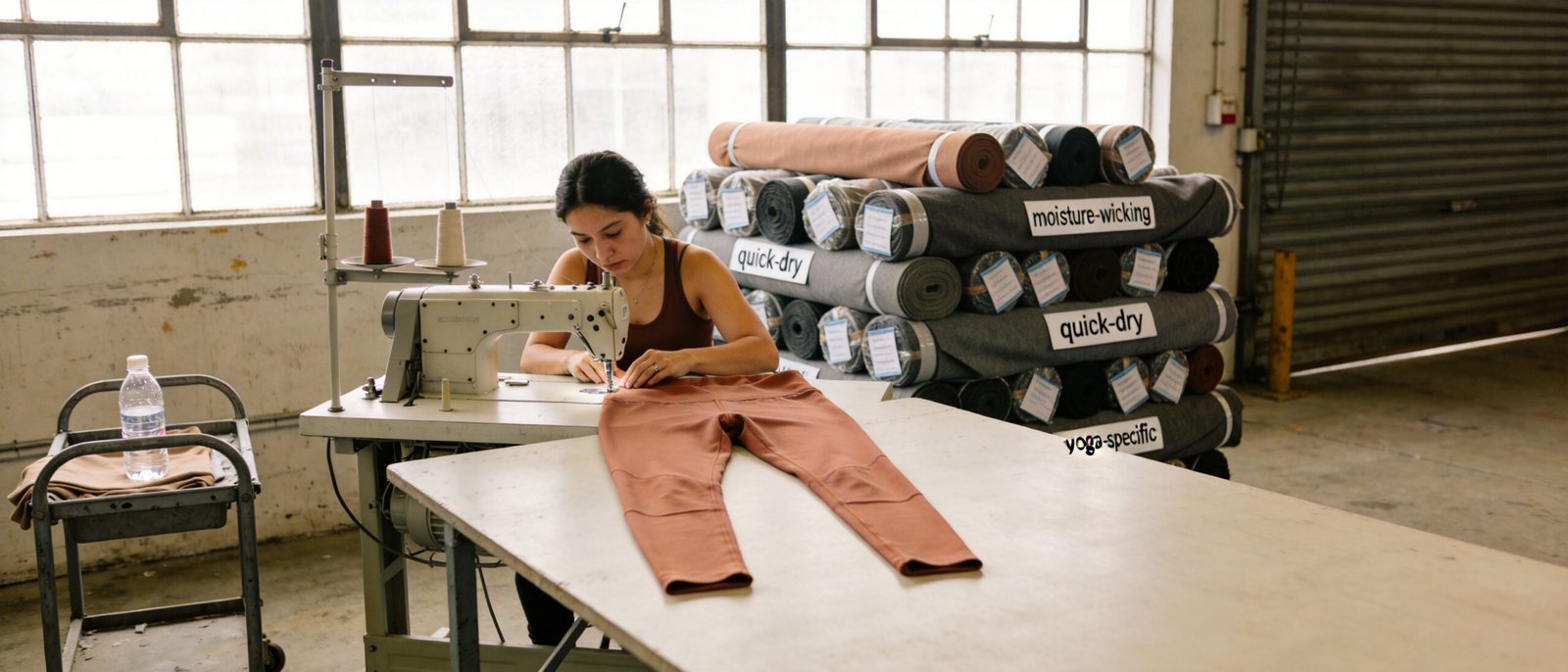 Seamstress sewing yoga leggings with labeled activewear fabric rolls in ethical factory