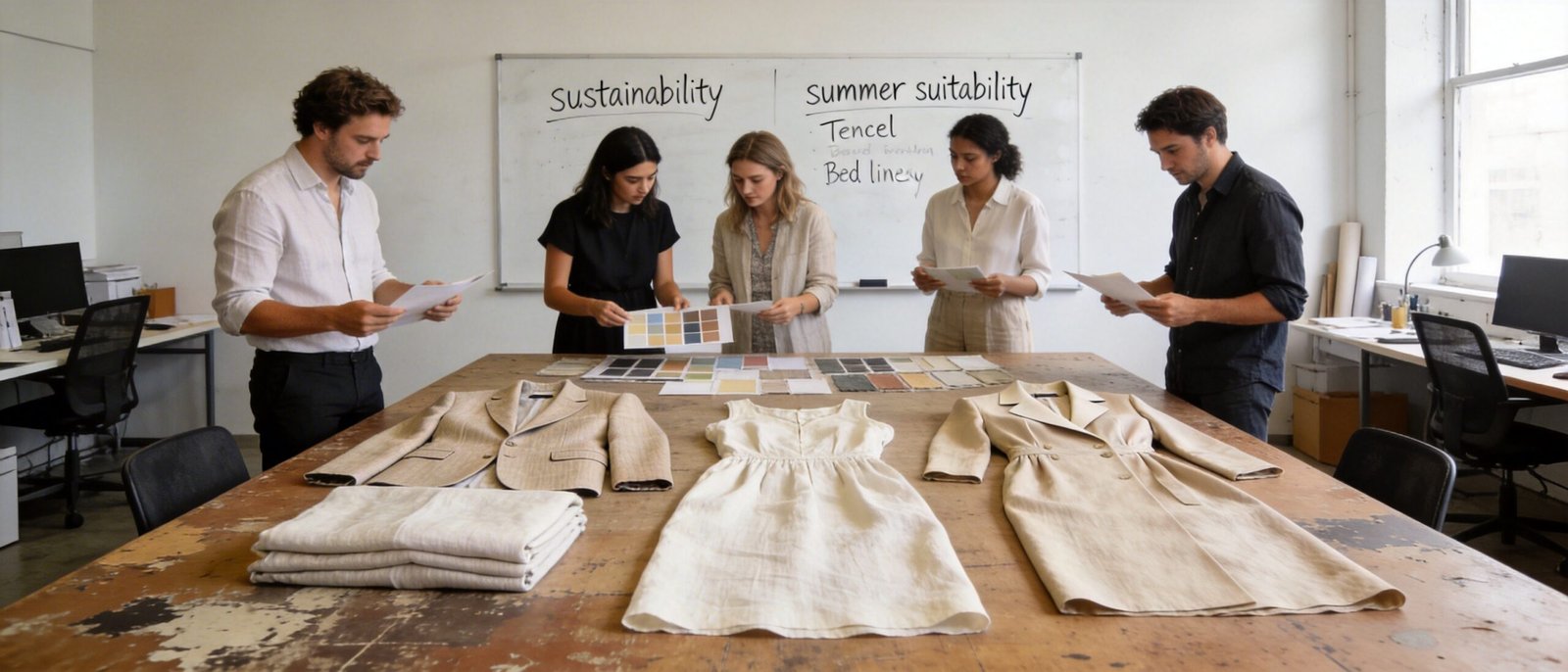 Design team evaluating linen cotton blend, linen tencel blend, and pure linen products for summer use