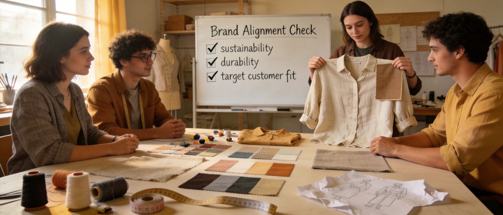Brand design team reviewing clothing samples with matching fabric swatches, finalizing right fabric choices for brand products