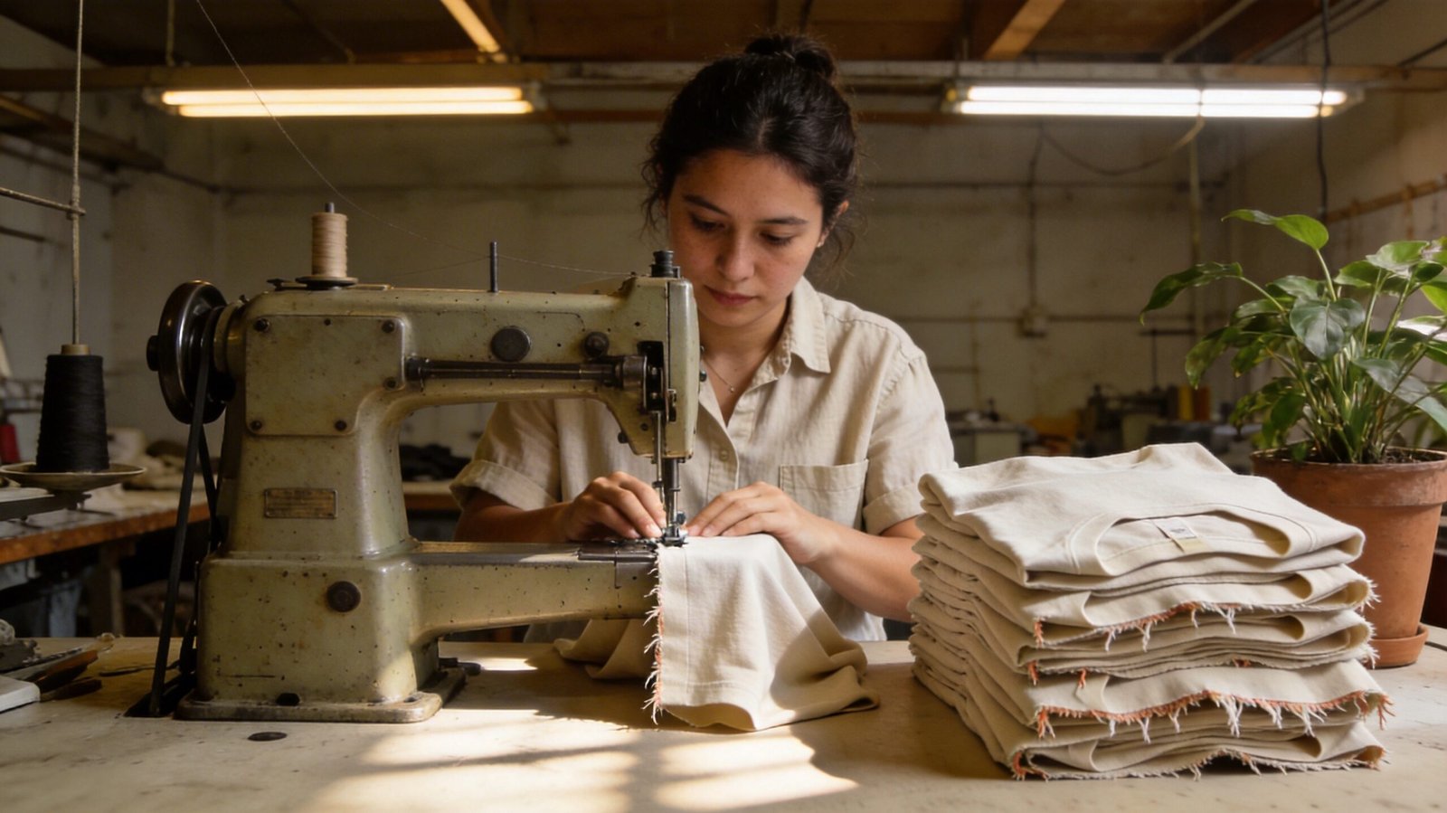 Seamstress sewing Lyocell casual wear in an ethical sustainable clothing factory