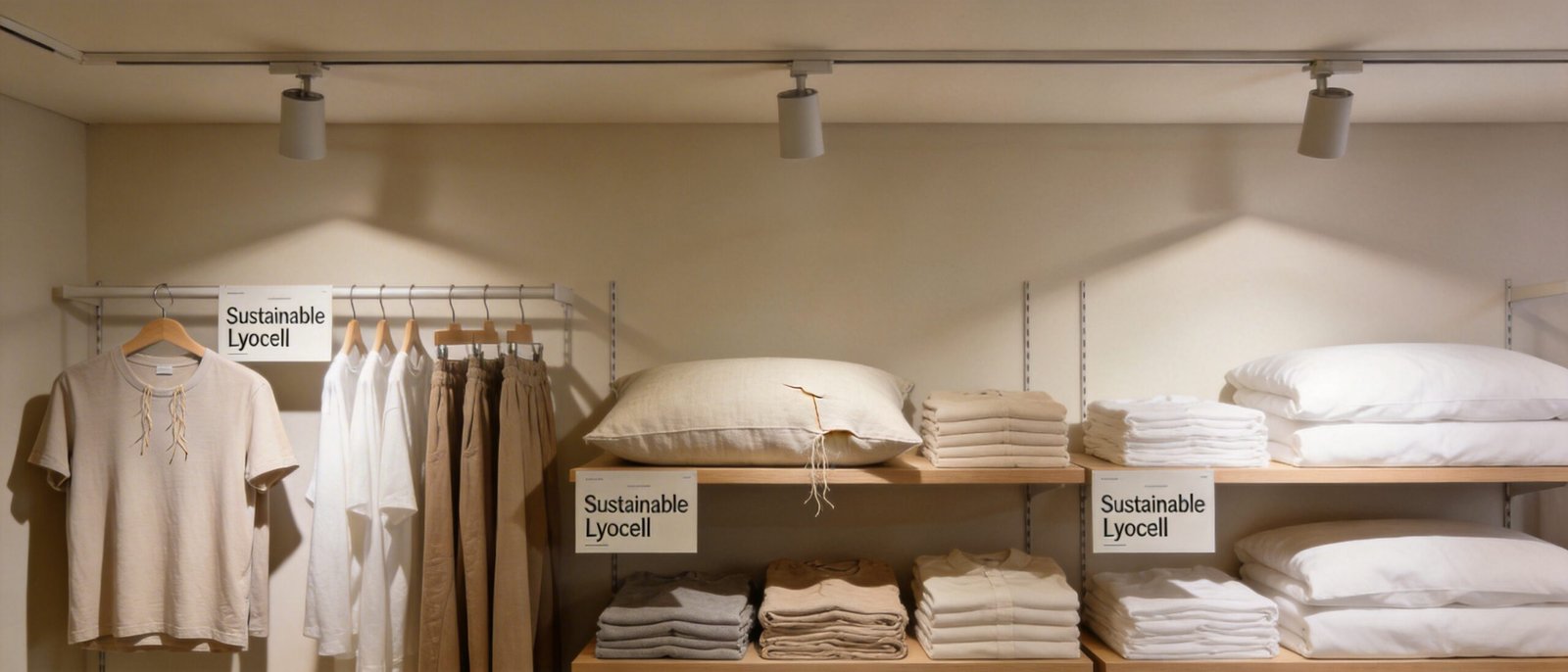 Retail display of sustainable lyocell fabric products including tees, loungewear, and bed linens, eco-friendly textile collection