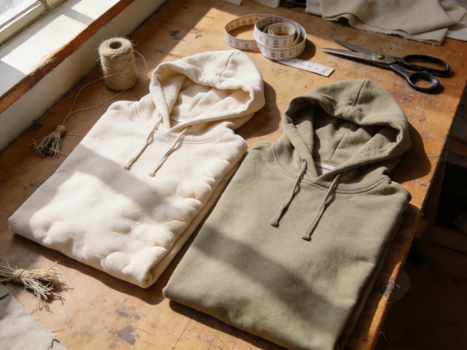 Modal air layer hoodie vs cotton hoodie laid flat on worktable with sewing tools