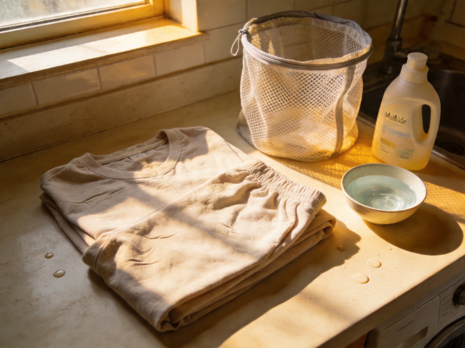 Modal fabric care setup with loungewear, mesh laundry bag, and mild detergent for proper washing instructions