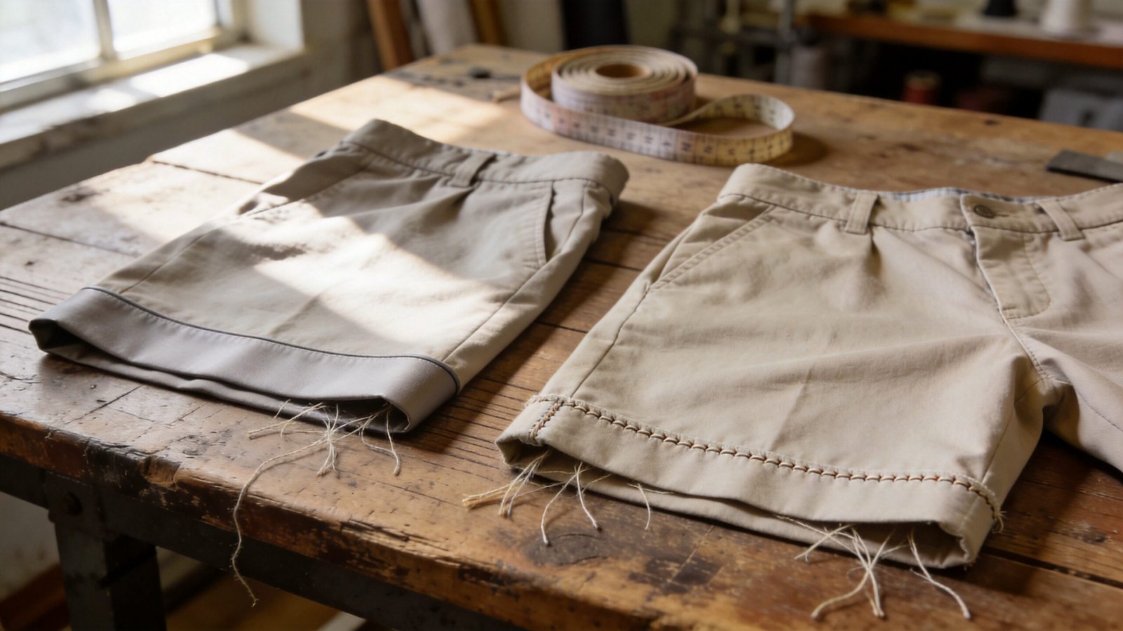 Close-up of bonded vs non-bonded hem men's shorts on a worktable