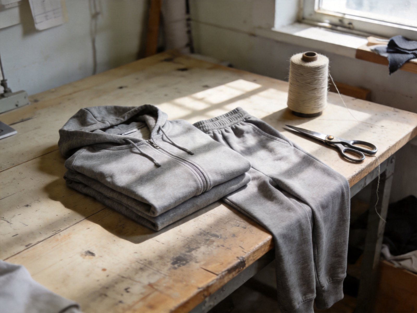 Modal air layer fabric hoodie and jogger set laid on apparel studio worktable