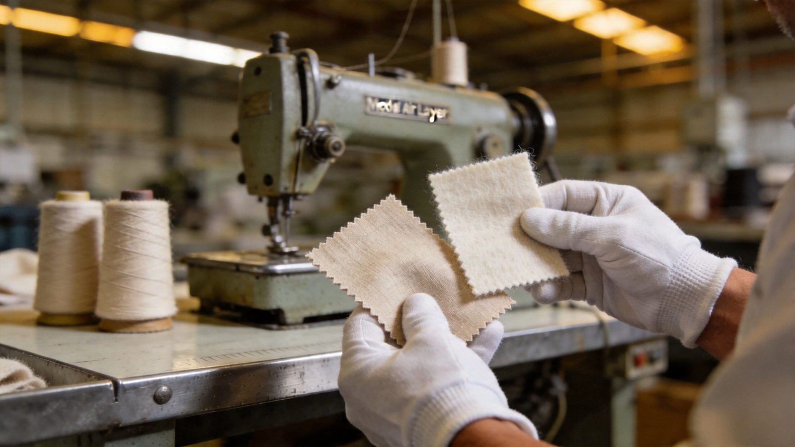 Factory worker comparing modal air layer fabric and cotton fabric swatches