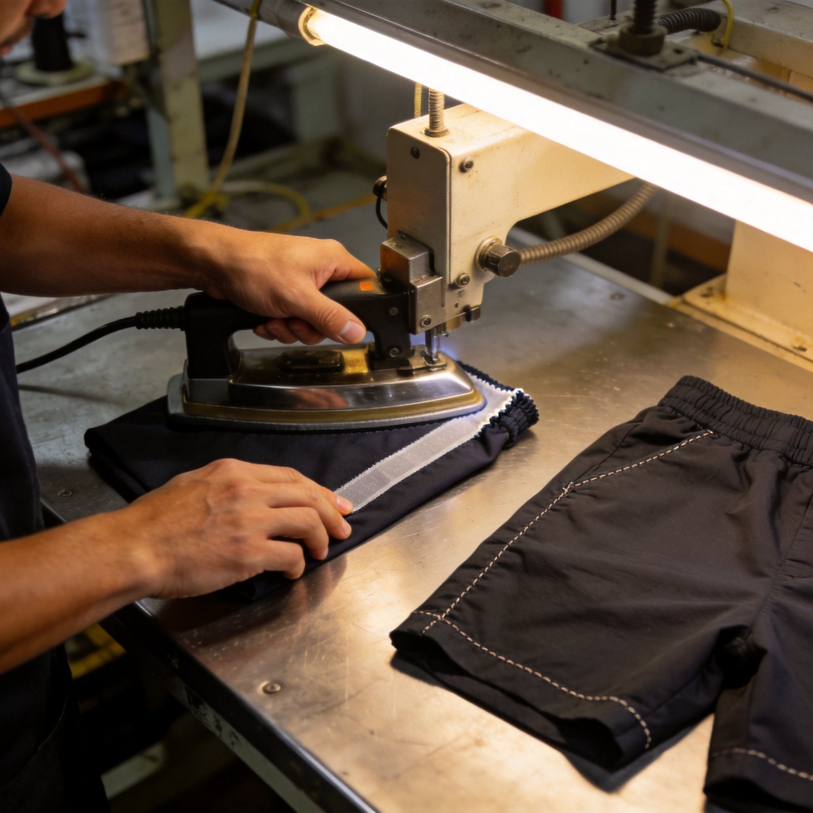 Factory worker applying bonded hem to men's shorts with heat press, next to stitched non-bonded hem short