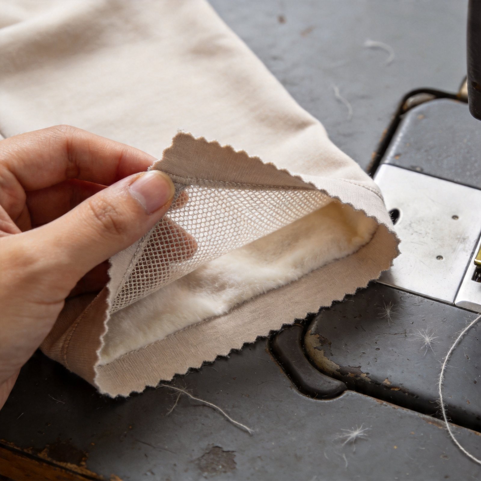 Close-up of modal air layer fabric showing three-layer construction: inner modal, mesh middle, outer shell