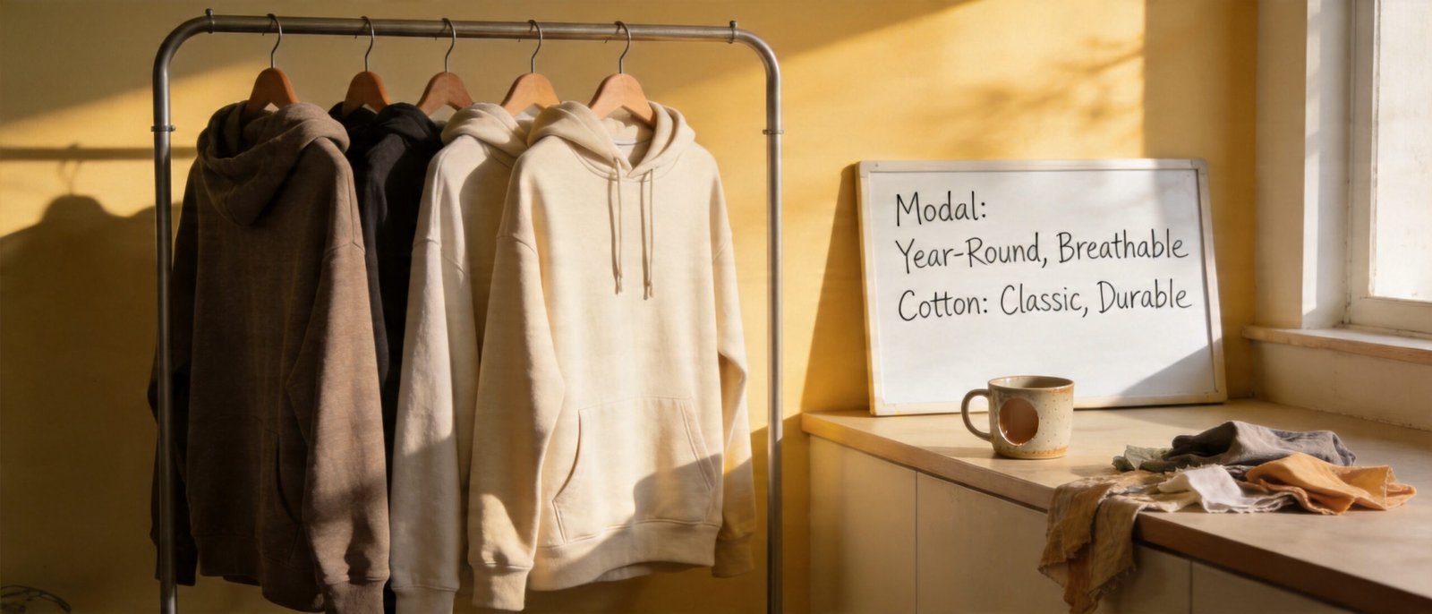 Modal air layer hoodies and cotton hoodies on rack with comparison notes in clothing studio