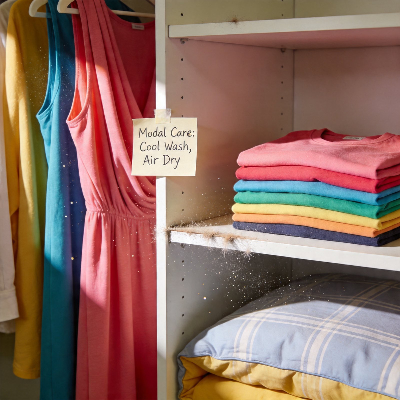 Well-cared modal clothing and bedding displayed on a closet shelf, following proper modal fabrics care instructions