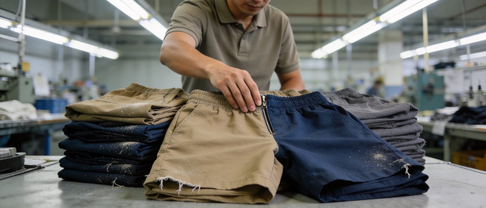 Quality control worker inspecting durable 4-way stretch woven men's shorts in garment factory
