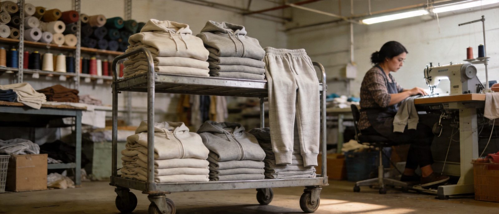 Finished modal air layer hoodies and joggers stacked in apparel factory setting
