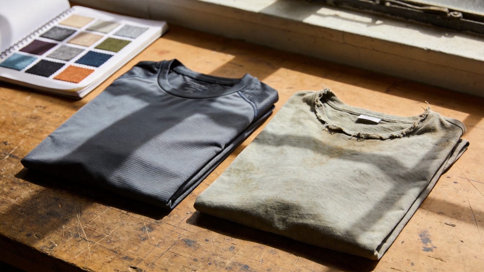 High-performance athletic shirt vs worn cotton tee on design studio table, fabric performance vs wear experience comparison
