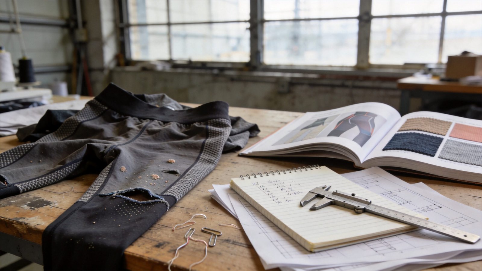 Rejected activewear leggings sample on garment technician workbench, reasons activewear samples fail in development