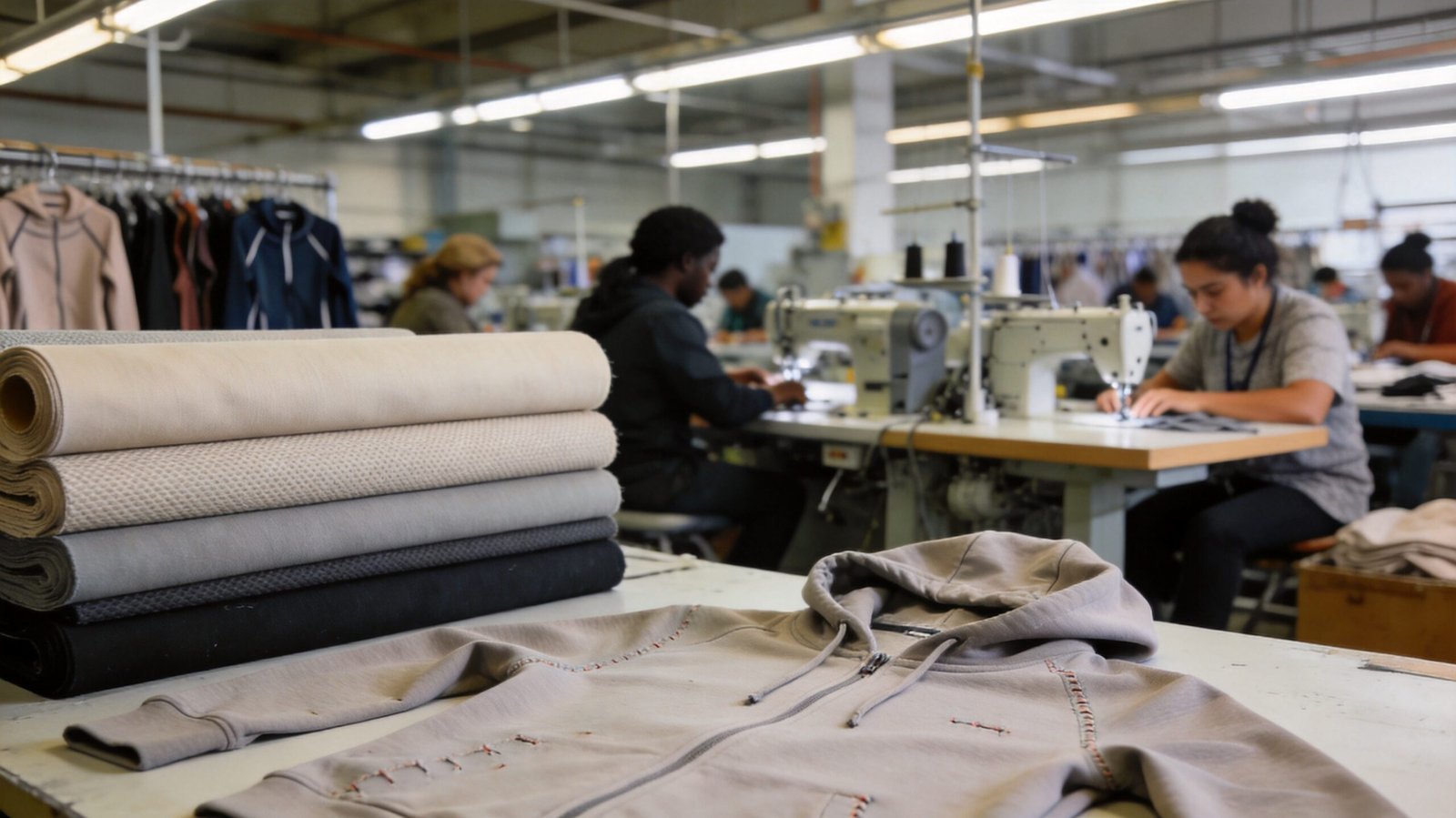 Activewear factory floor with workers sewing performance apparel, fastest growing apparel category 2026