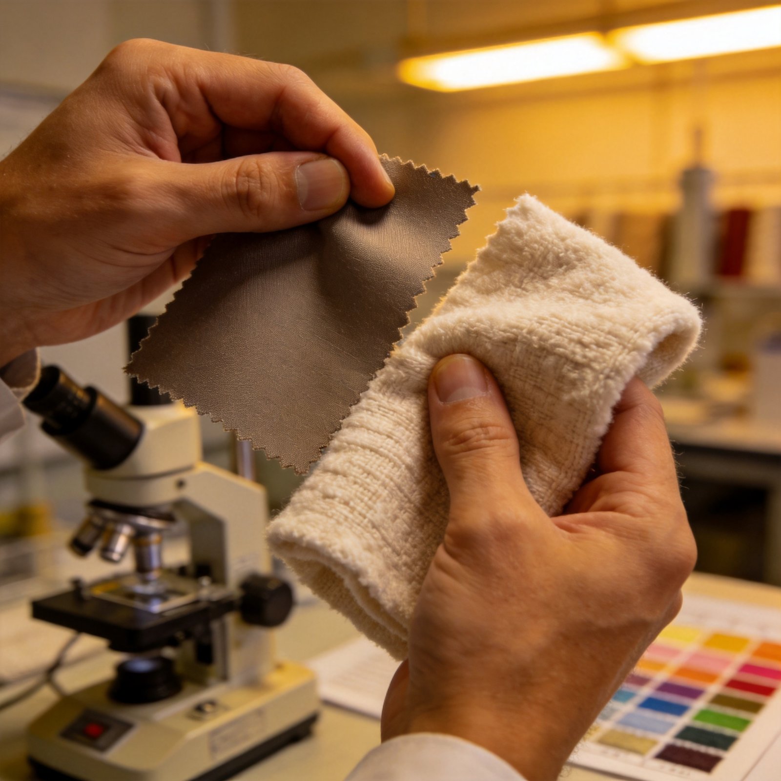 Textile technician comparing synthetic performance fabric and soft cotton blend swatches in lab
