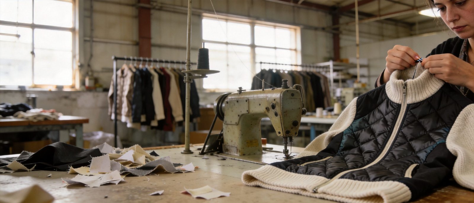 Seamstress sewing garment with technical and soft fabric panels, balancing fabric performance and wear experience