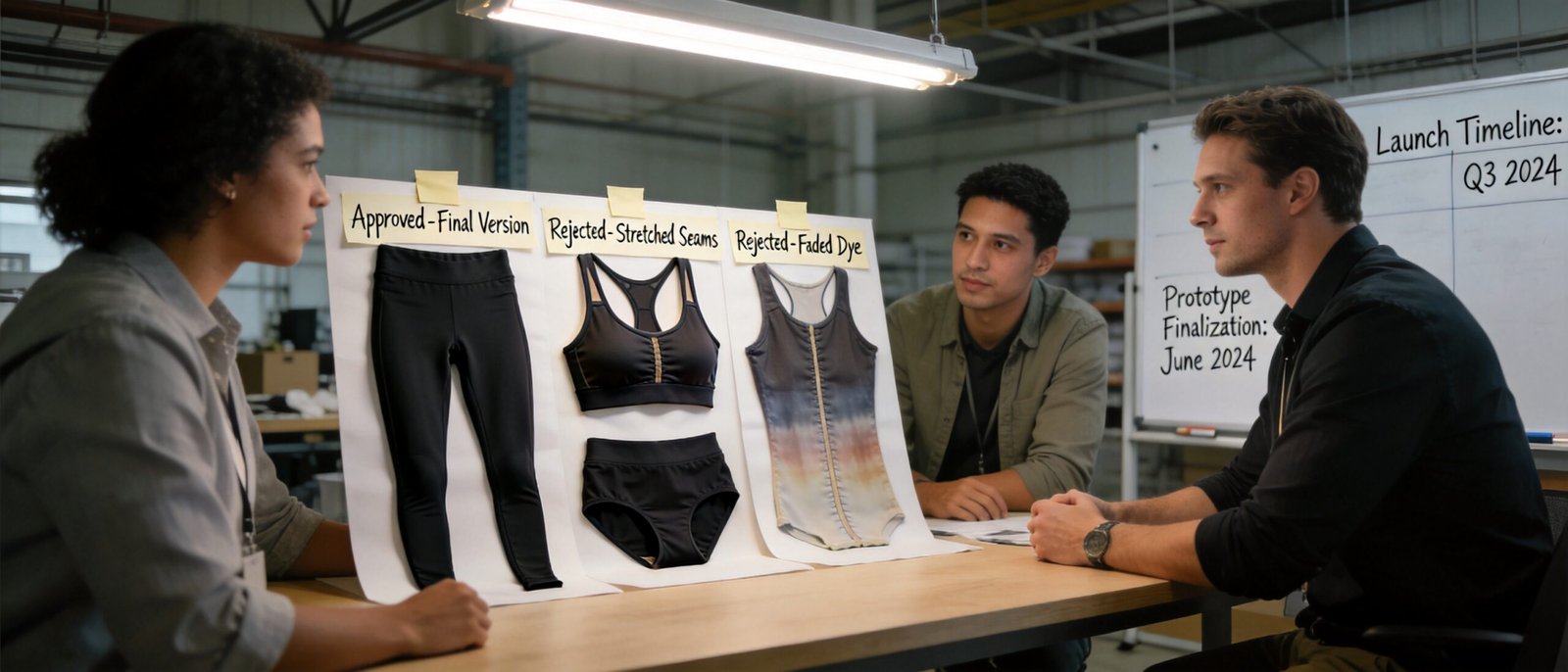 Activewear development team reviewing approved and rejected samples, fixing activewear sample development mistakes