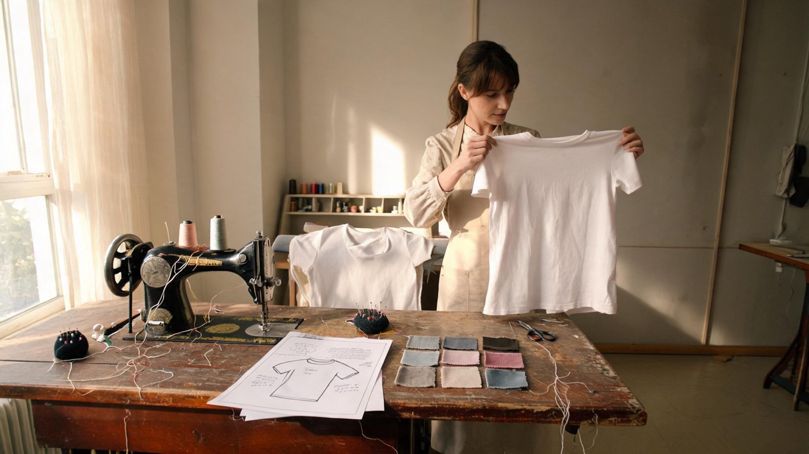 Fast sampling for clothing brands: seamstress holding finished t-shirt sample in sunlit studio