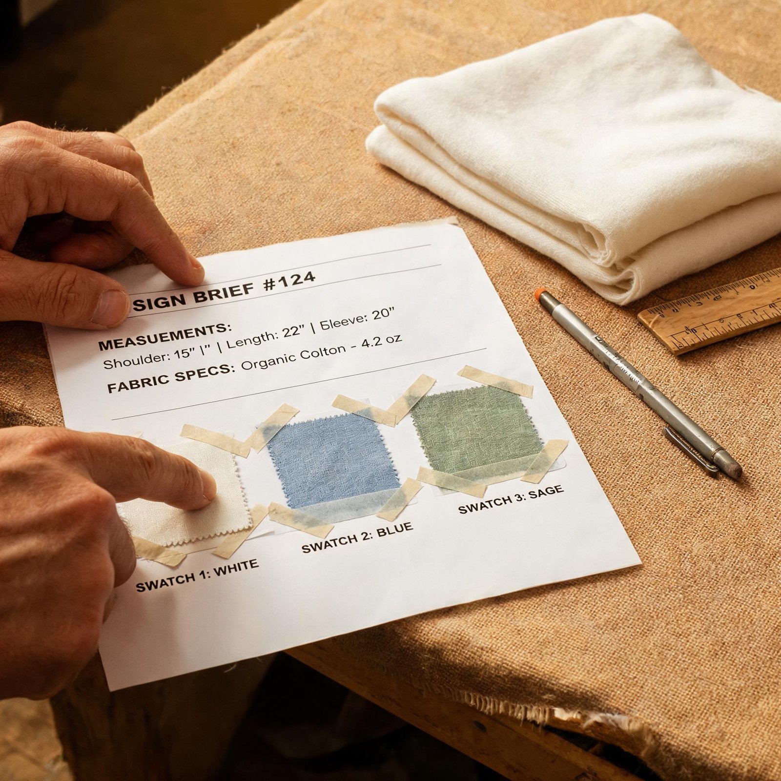 Clothing brand design brief with fabric swatches and measurement specs for fast sampling