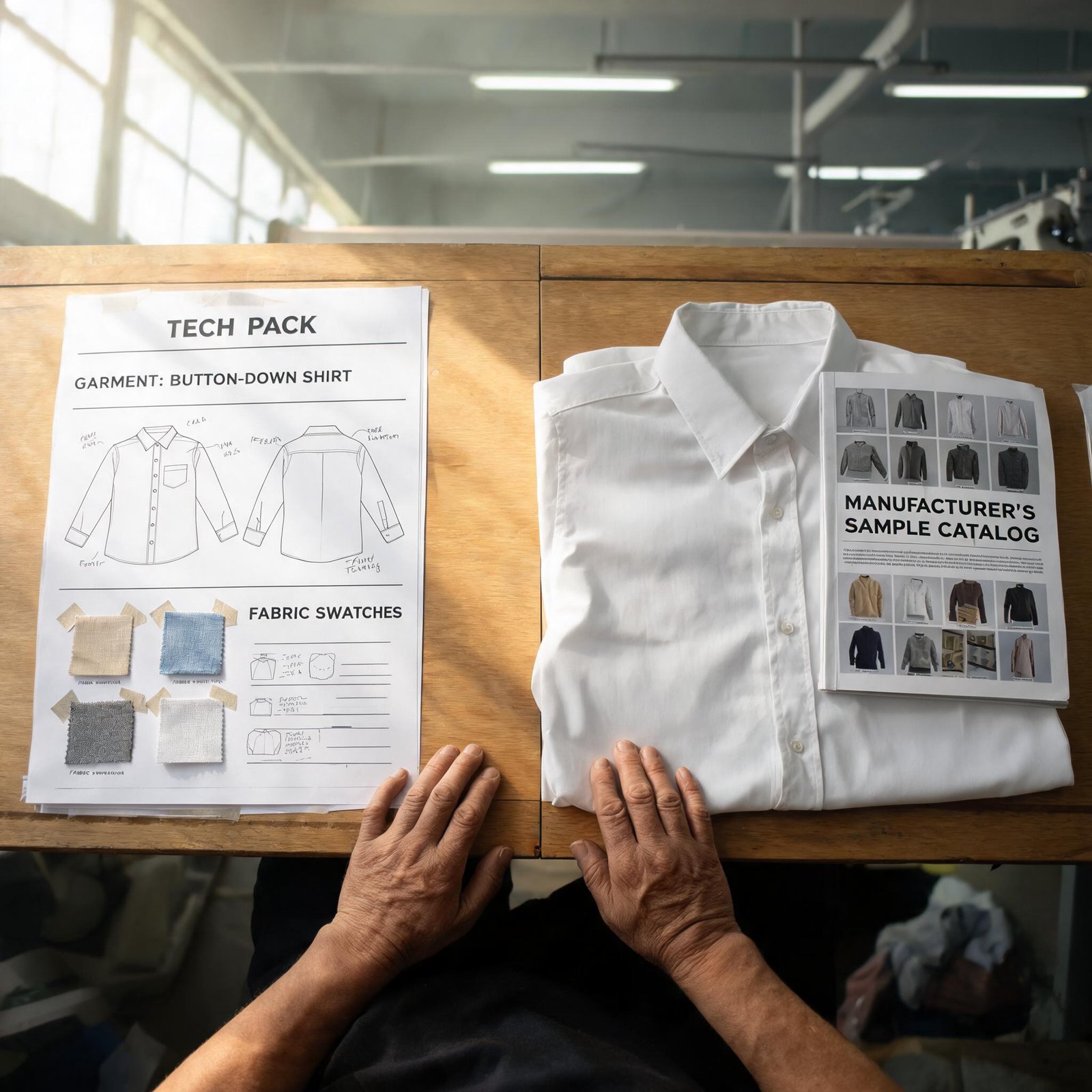 OEM vs ODM clothing manufacturing workbench with tech packs and pre-made garment samples